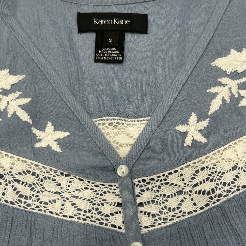 Karen Kane Dusty Blue Top/ Blouse Embroidered flowers and White Lace Insets - Picture 3 of 5
